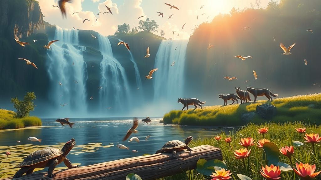 high resolution cinematic still.
hyper realistic landscape.
thundering waterfall with high craggy cliffs surrounding a lush pool at the bott...