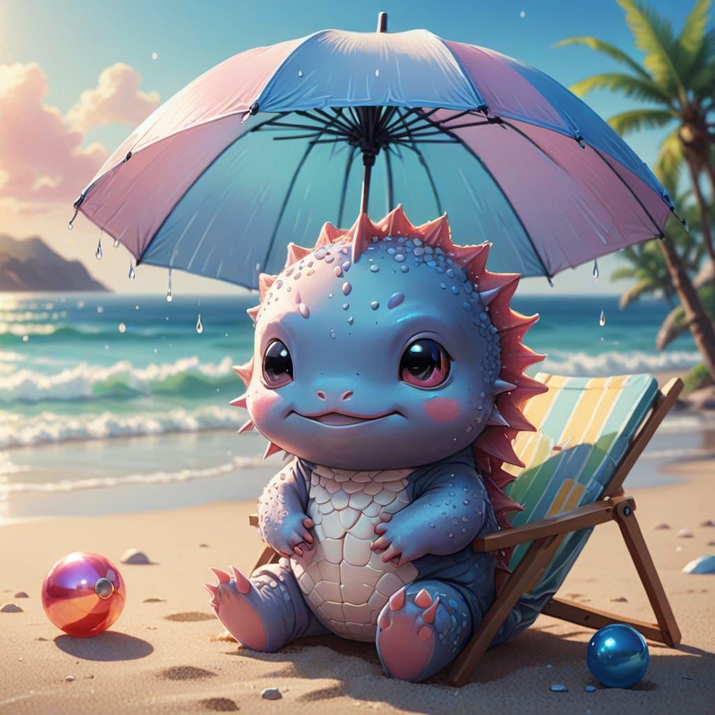 Kawaii Axolotl Beach Scene in Vibrant Cel-Shaded Anime Style