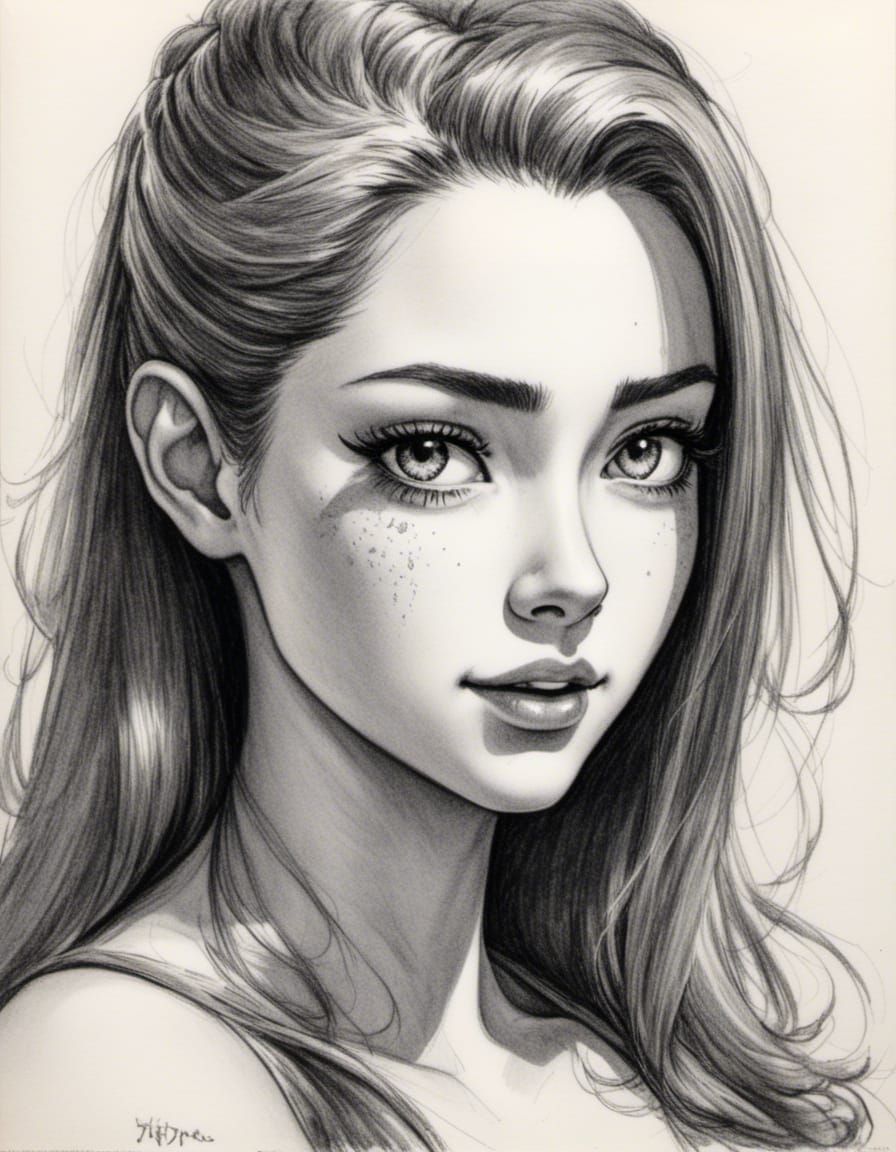 Freckled Beauty B&W Pencil Sketch Style Portrait (SDXL 1.0) ...