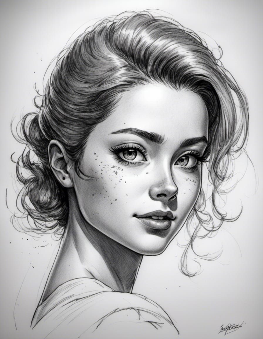 Freckled Beauty #2 B&W Pencil Sketch Style Portrait (SDXL 1....