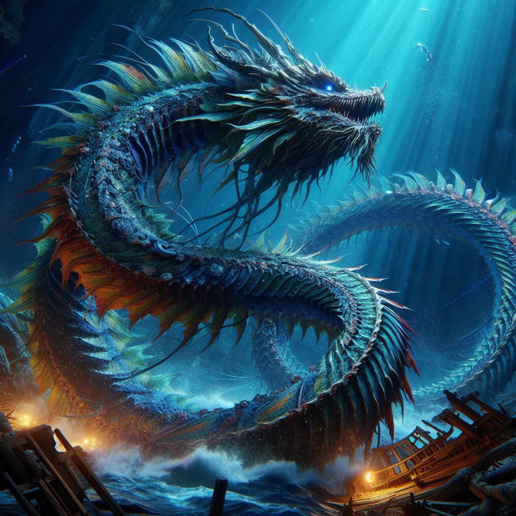 A deep-sea dragon coiled around a shipwreck