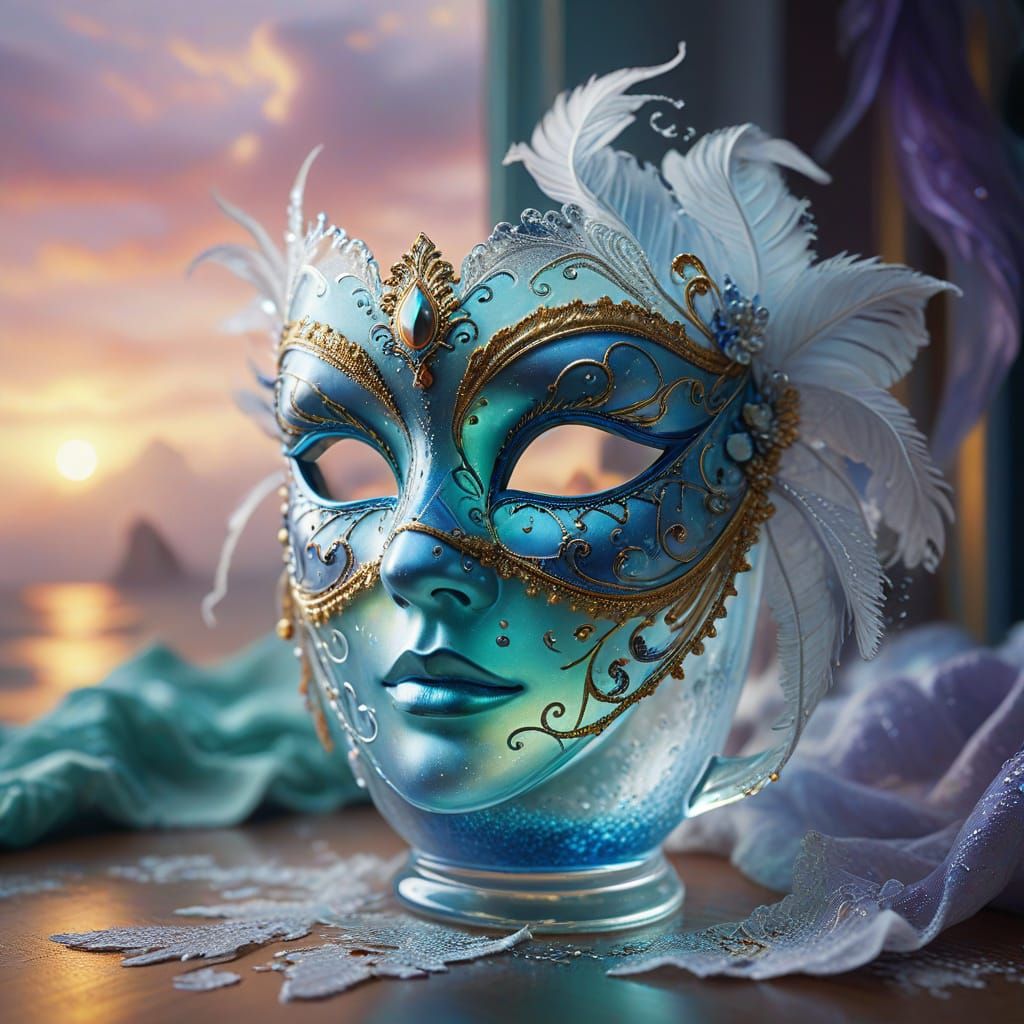 In a transparent glass cup there is a carnival mask with a pattern of a storm in the ocean