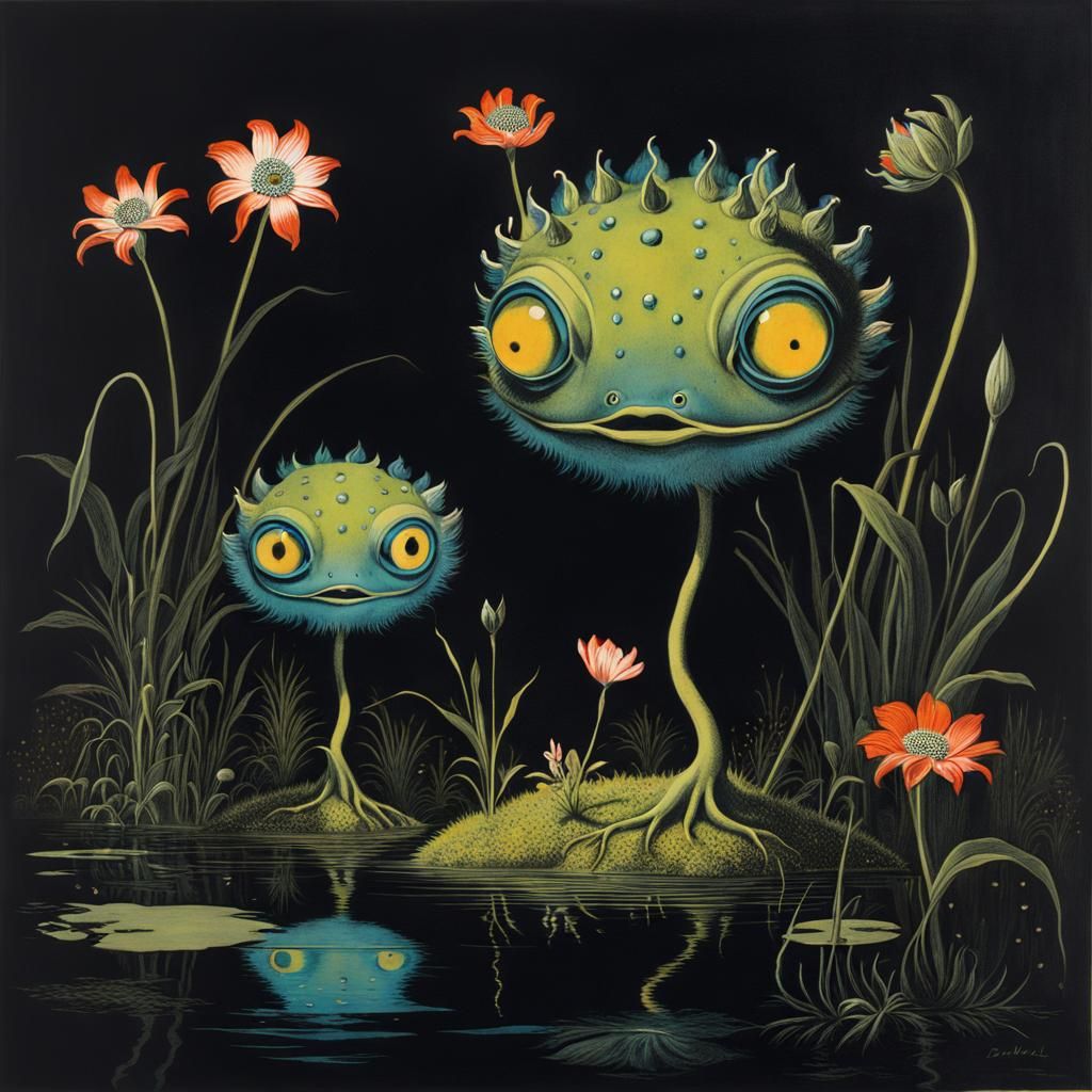 BABY Swamp monster/contemporary/bioluminescent EYES/FLOWERS/friendly/polkadot/fantasy/etching/Artemisia Ghentileschi/DALI  by @Crystal