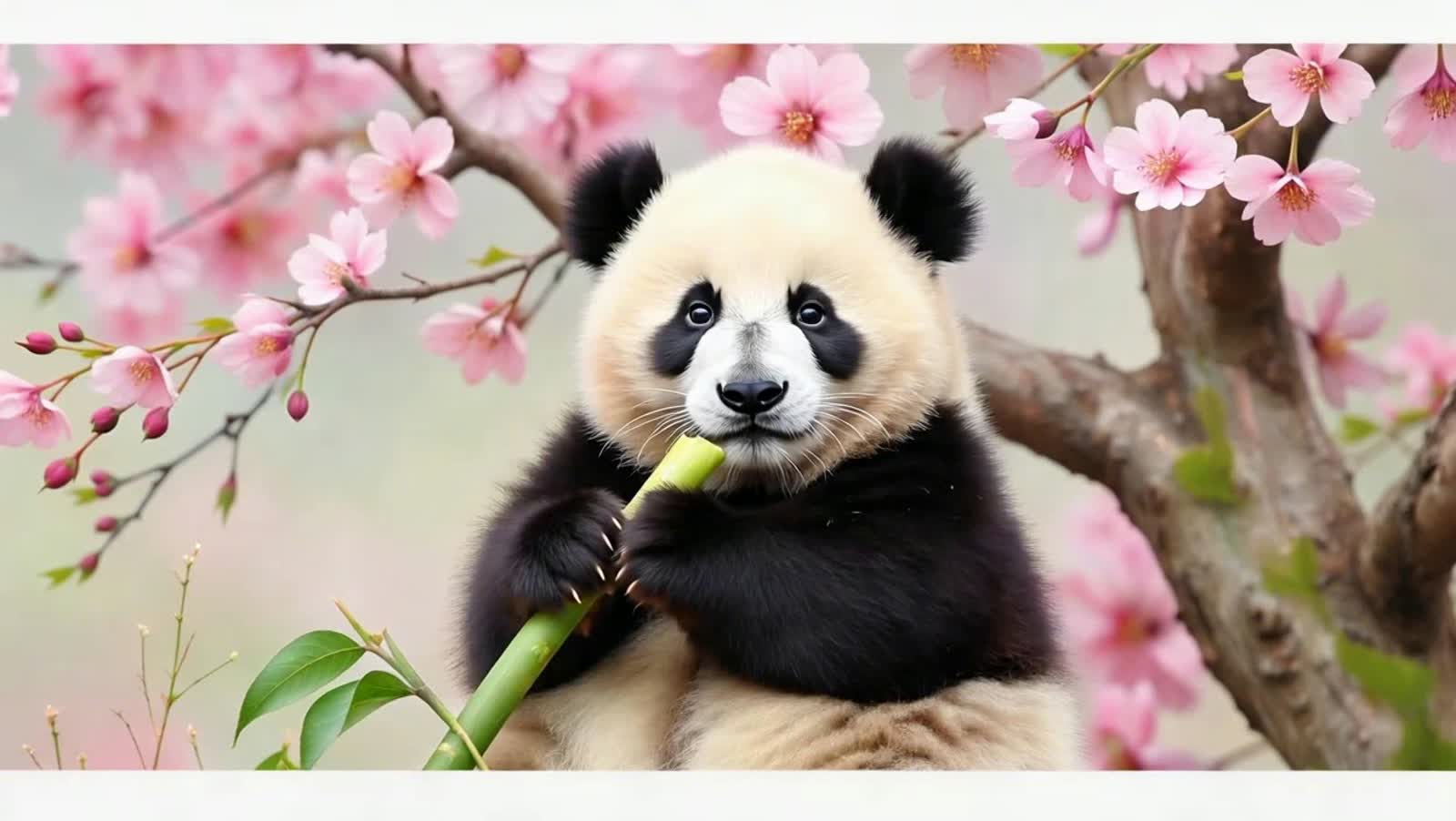 A portrait of a chubby baby panda holding a bamboo shoot, surrounded by pink cherry blossoms, kawaii illustration style ...