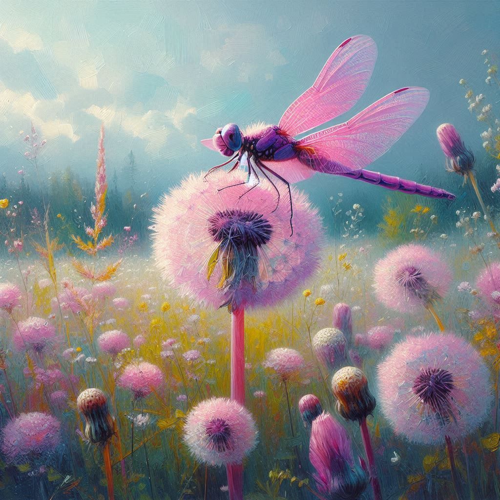 Dragonfly perched on dandelion.
