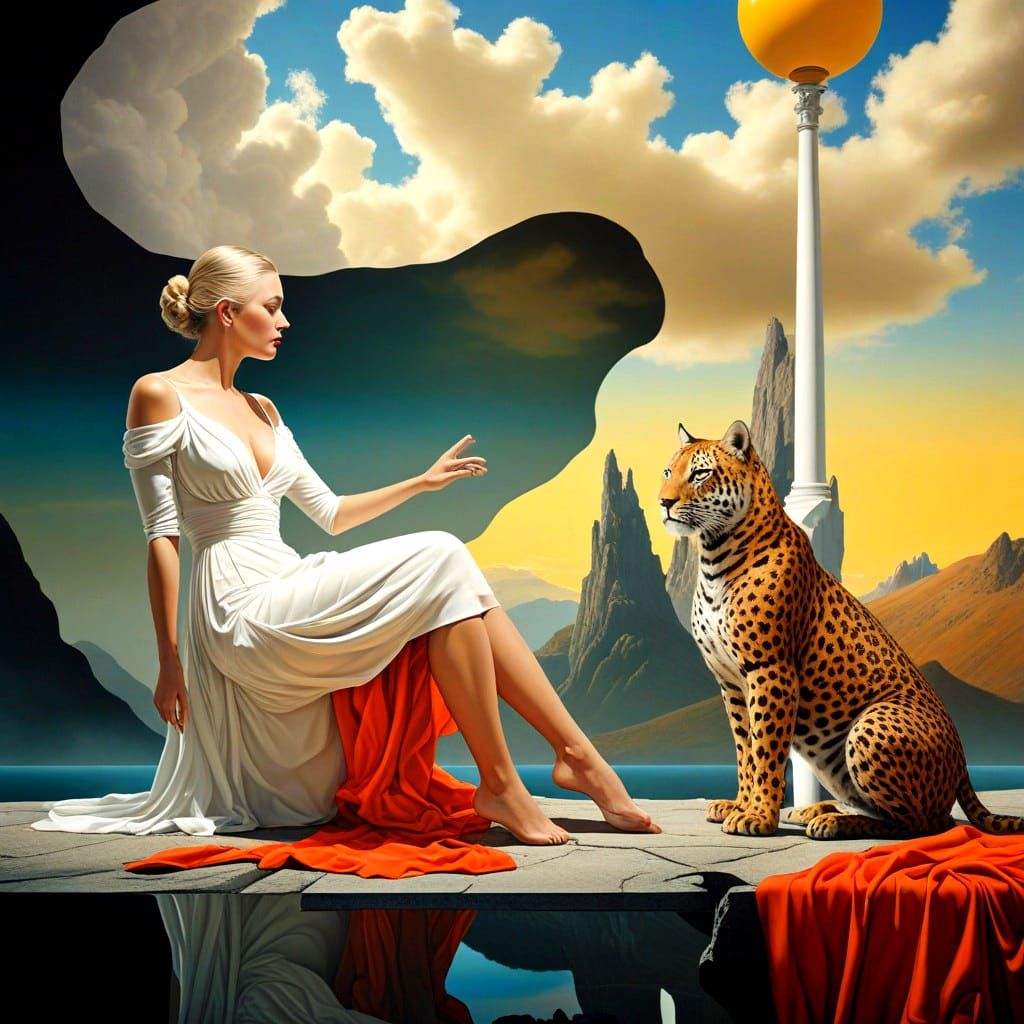Surreal Lady Faces Enigmatic Creature in Vibrant, Photoreali...