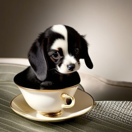 Small cute puppy in a tea cup set