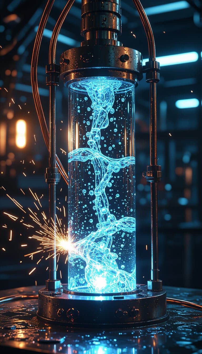 slight spin, as if someone walked around the device, moving sparks, lightning and steam