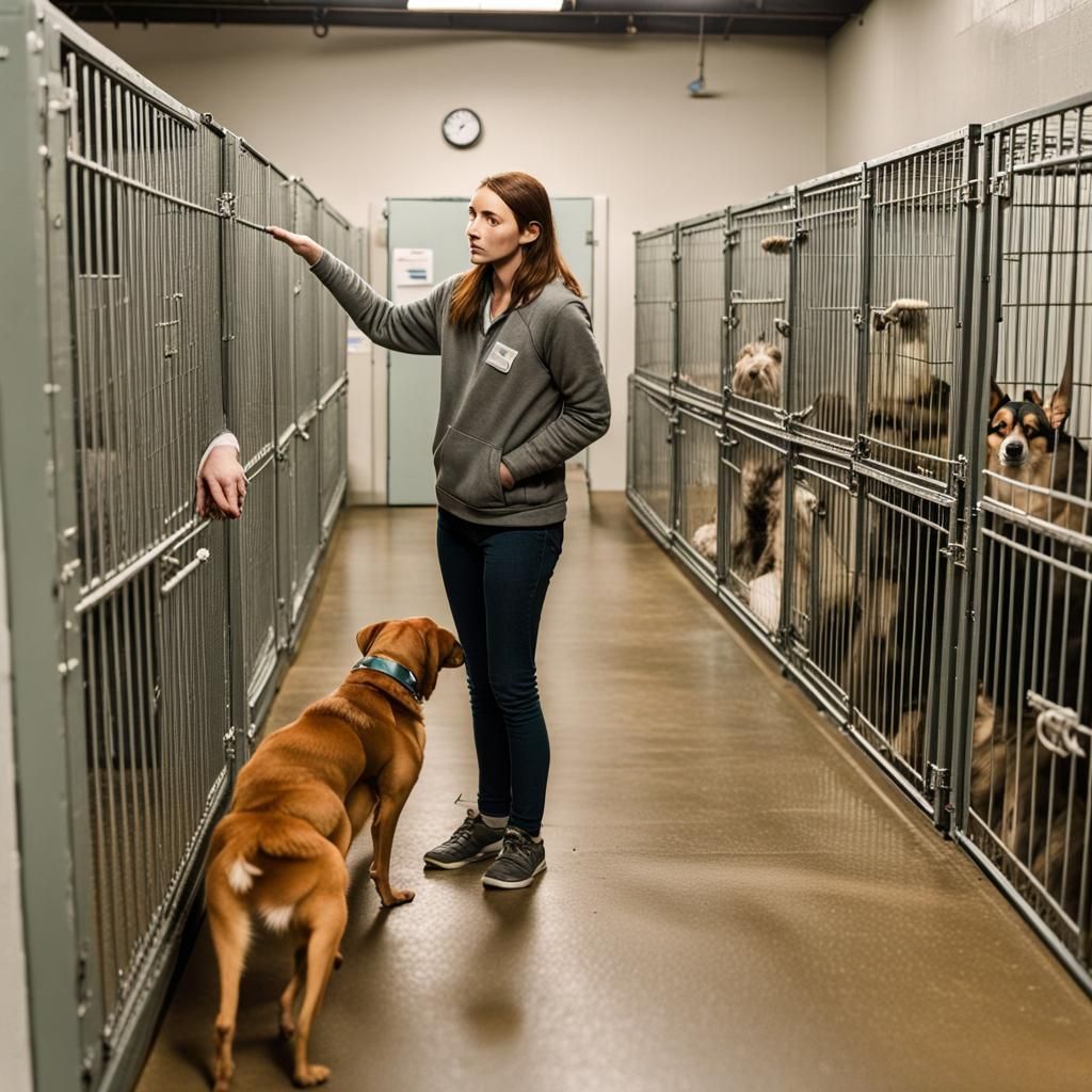 the shelter's adoption area, with muted, soft lighting and a row of