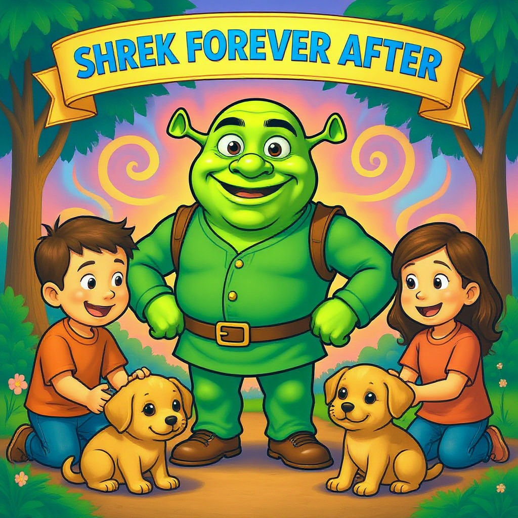imagine a whimsical cartoon character In a vibrant, warm-hued cartoon art 1950s pop art comic style, Shrek stands proudly at the forefront o...