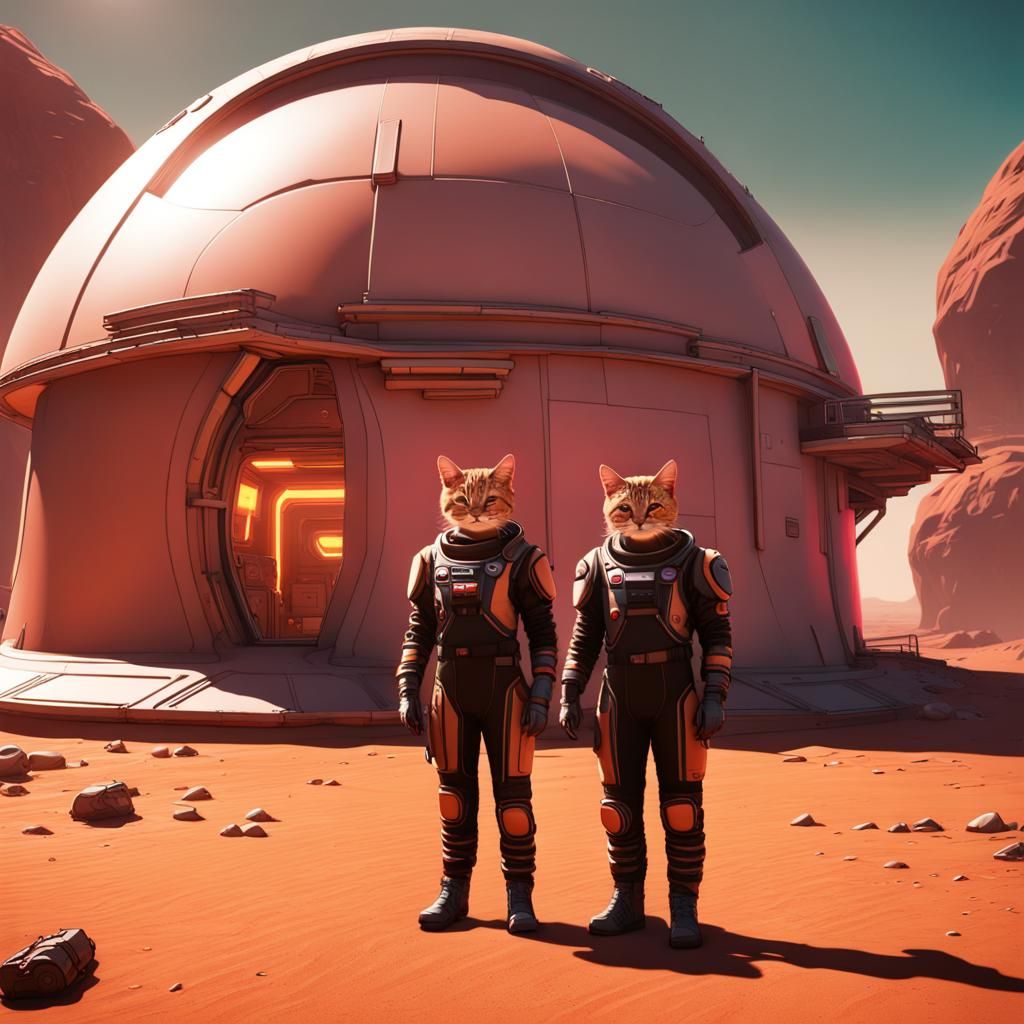 Two tabby cats in space suits standing next to a massive mar...