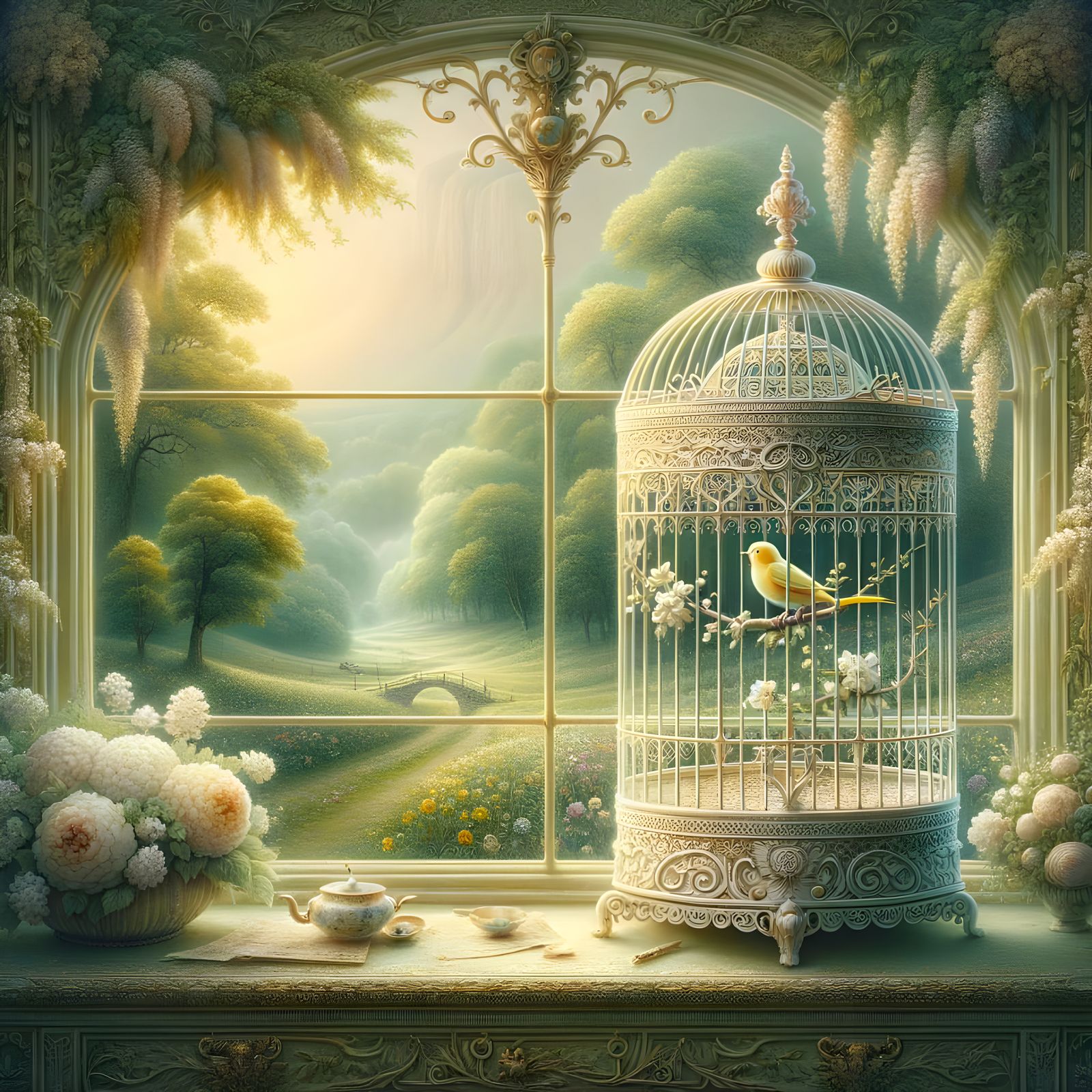 A beautiful white birdcage in front of a window,  a view of a country garden, a yellow bird inside the ...  by @Irene