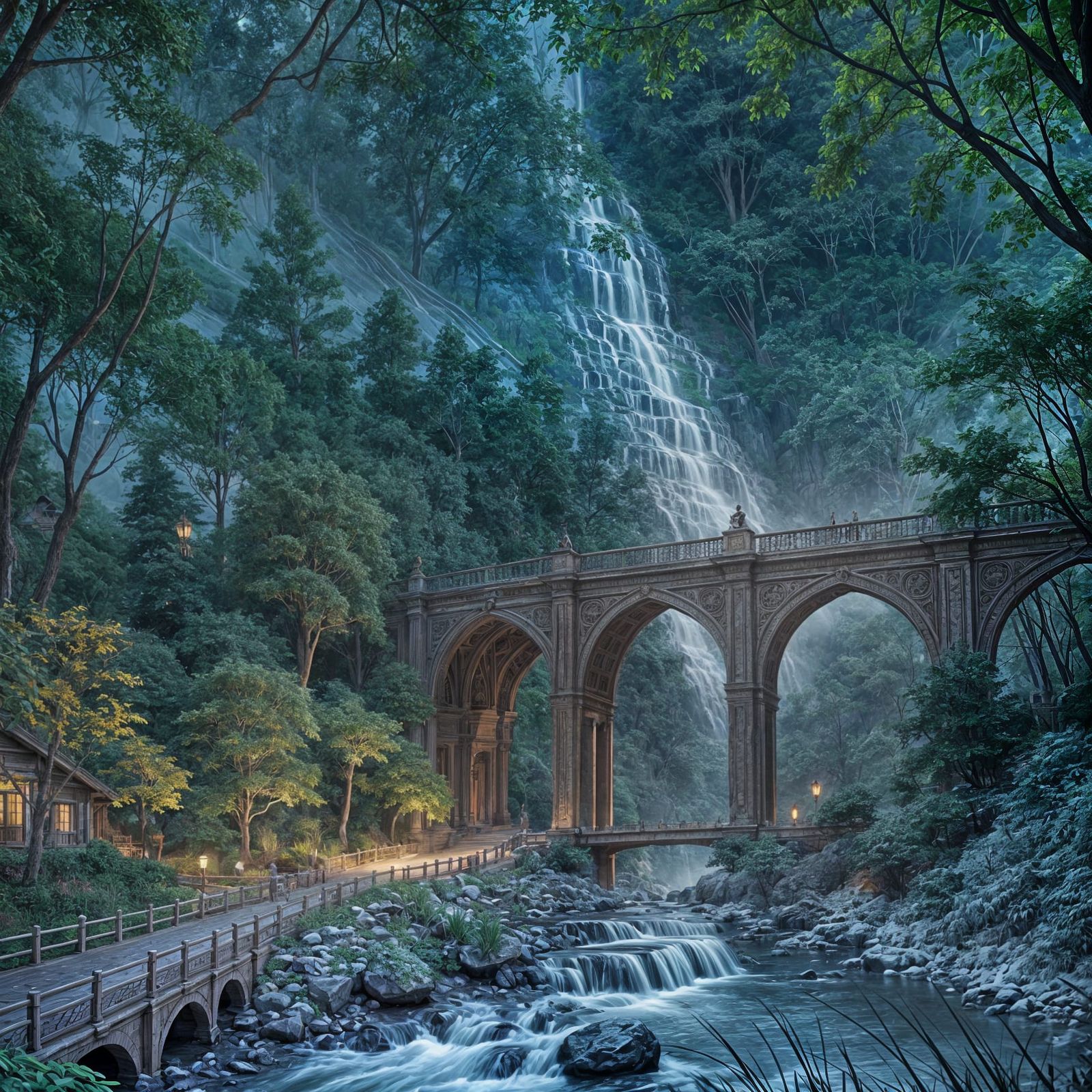 Forest Waterfall Bridge  by @Ali
