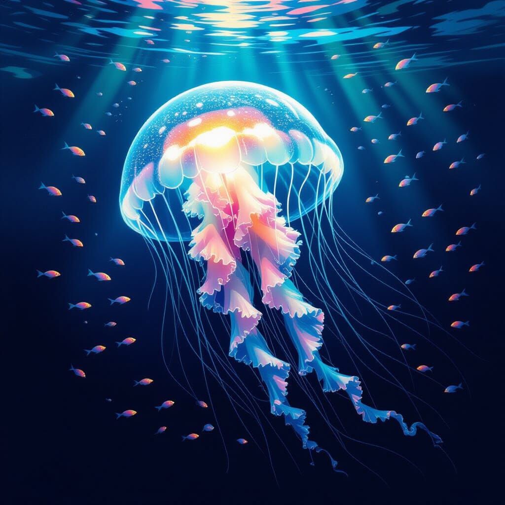 An ethereal, luminescent jellyfish floats serenely through a deep, dark ocean trench, its tendrils trailing like silken threads. Schools of ...