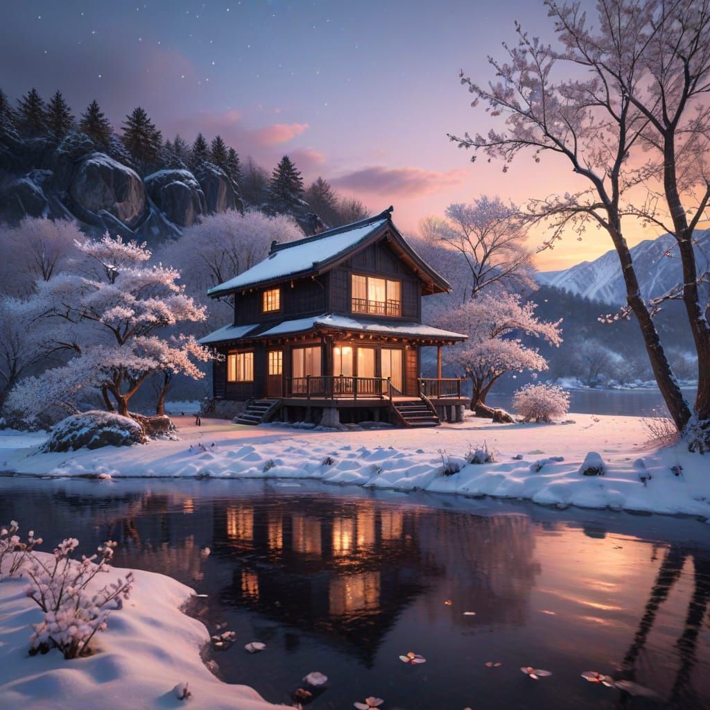 A frozen lake surrounded by a snow covered landscape. A cabin with glowing windows sits by the shoreline. Dusk, sun setting. Lush Japanese w...