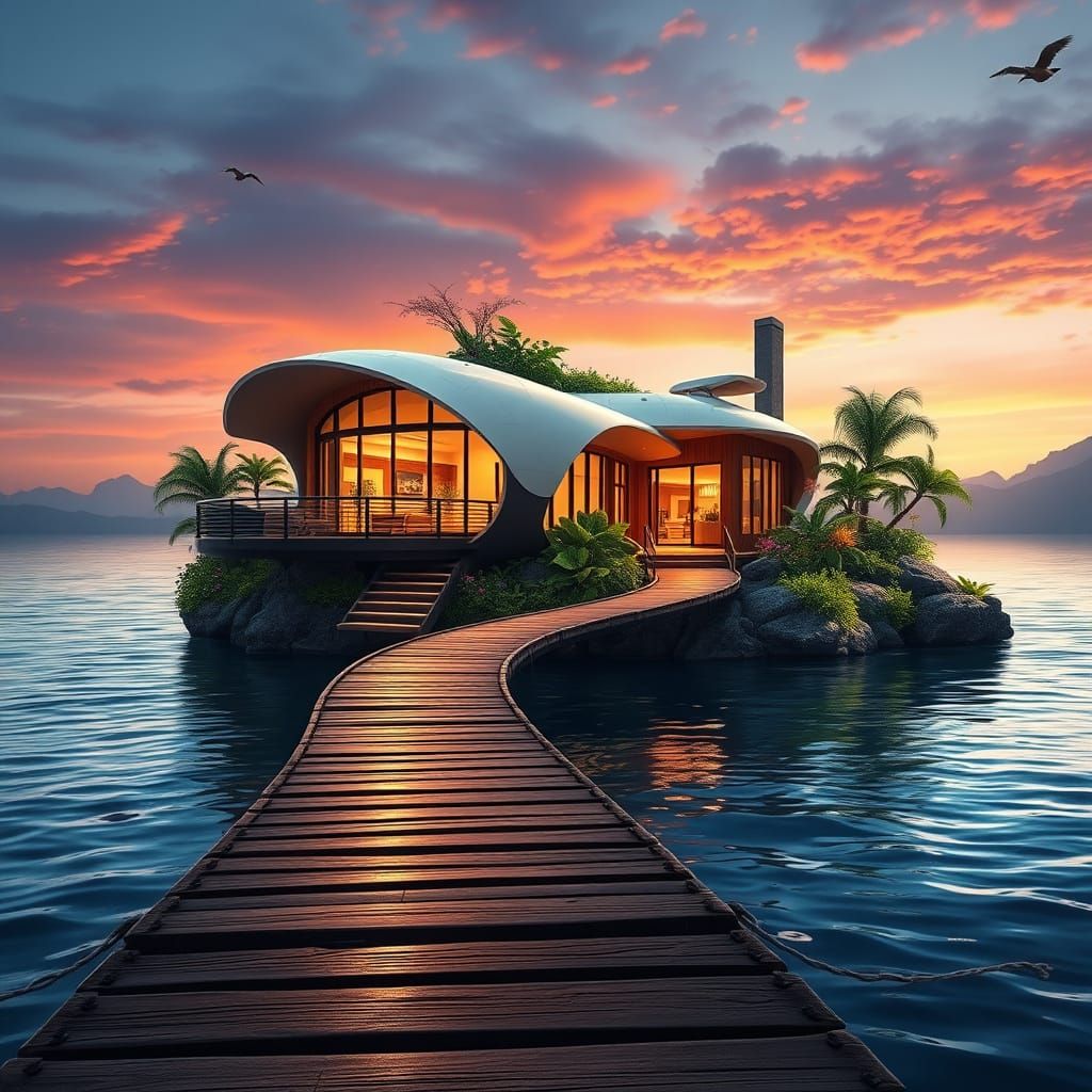 Elegant slightly futuristic house on the water.