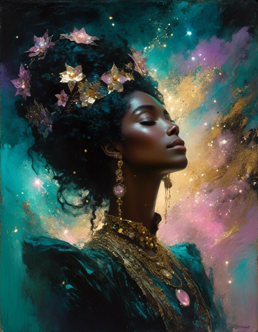 <lora:Otherworld:1.0> galactic awestruck wonder head and shoulders portrait looking up neo-impressionism expressionist style oil painting, s...