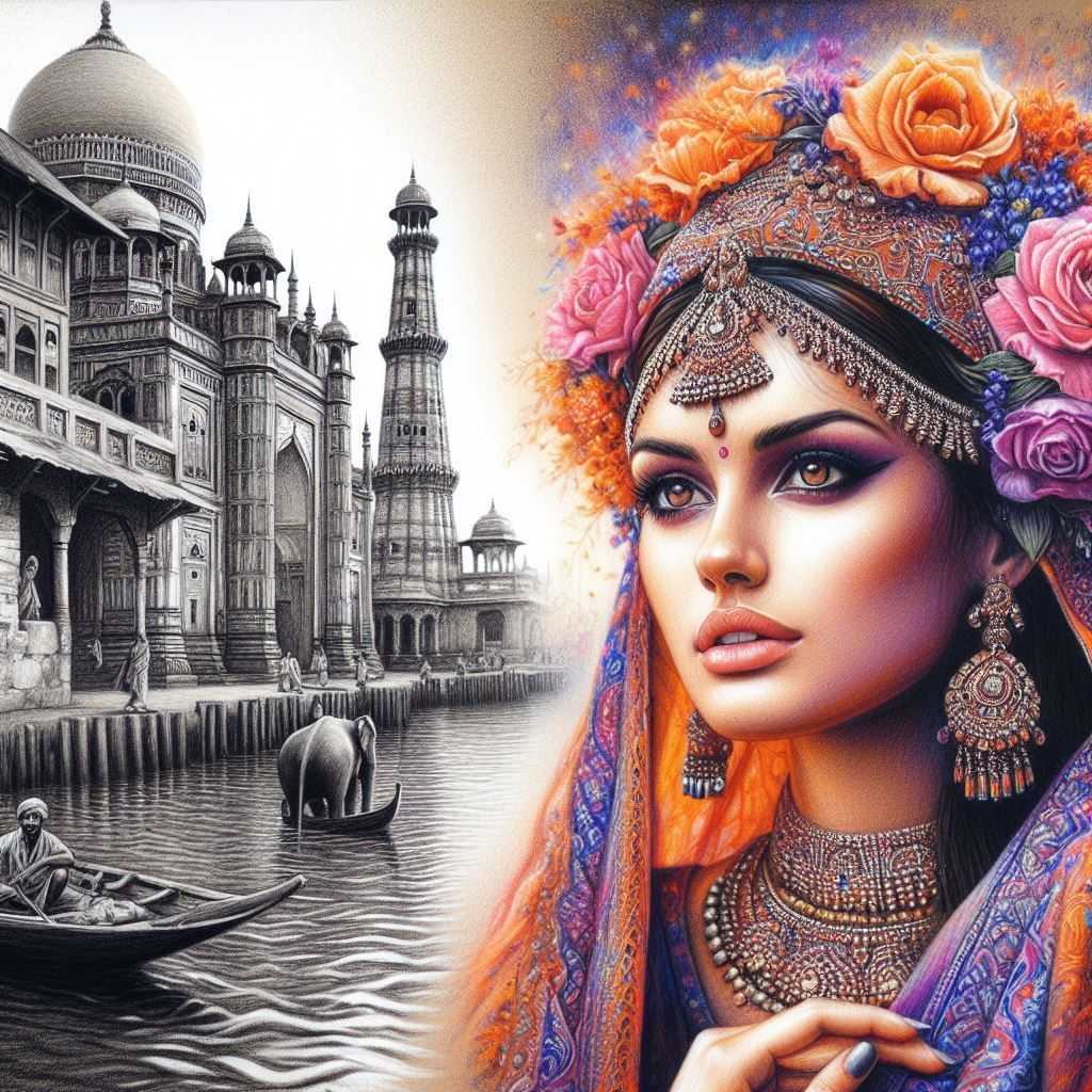 Stunning semi-finished Color Pencil Sketch portrait  beautiful Indian Woman