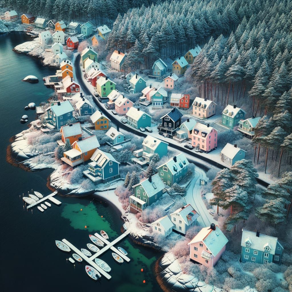 Swedish coastal village in winter, drone POV