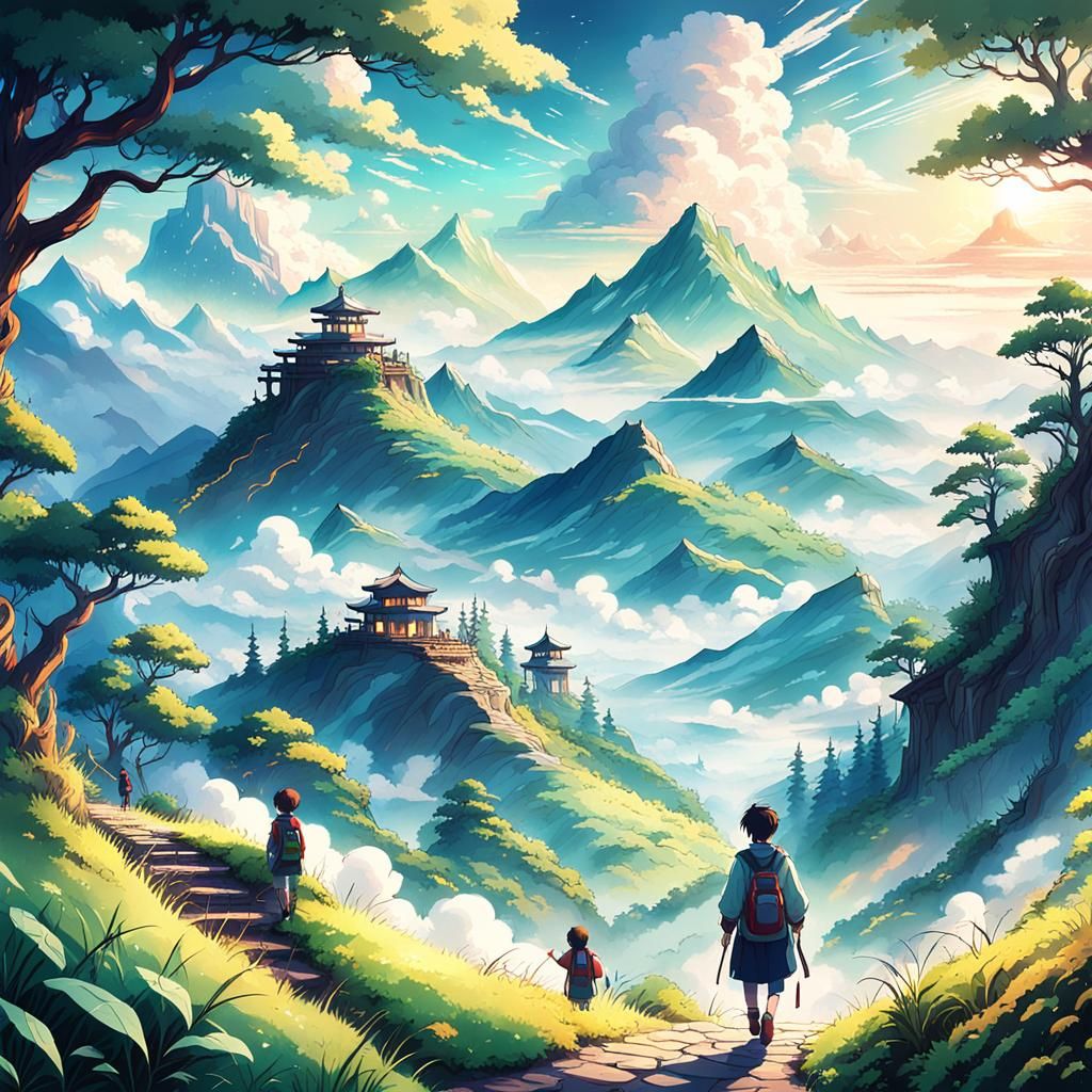 Anime Traveler on Mountain Path with Companion