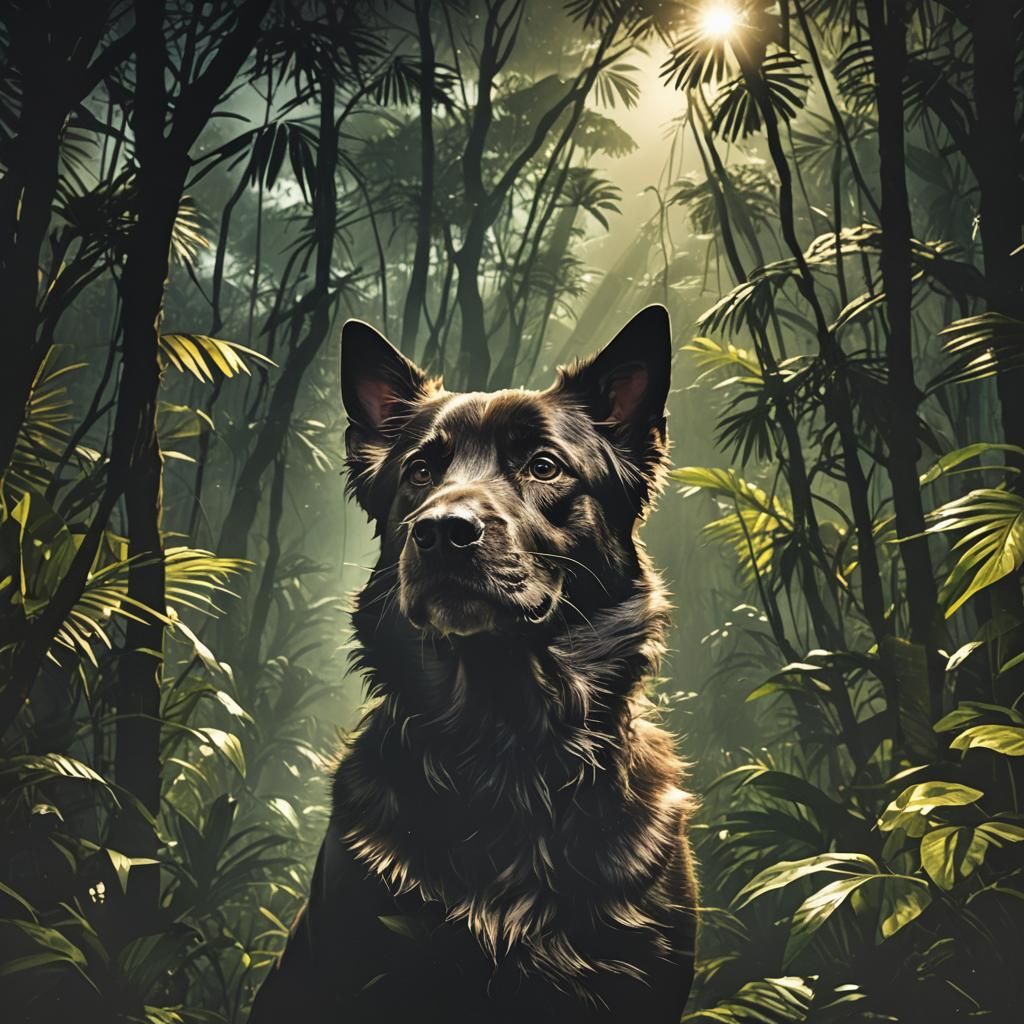 Double Exposure Dog Silhouette Jungle Landscape