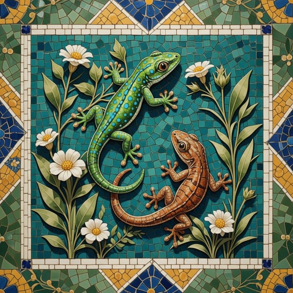 A pair of geckos, one green and the other brown, bask on a sun-drenched, ancient Roman mosaic floor.  