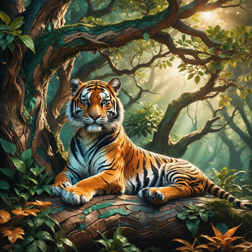 Adorable Tiger on a Tree, Fantasy Concept Art
