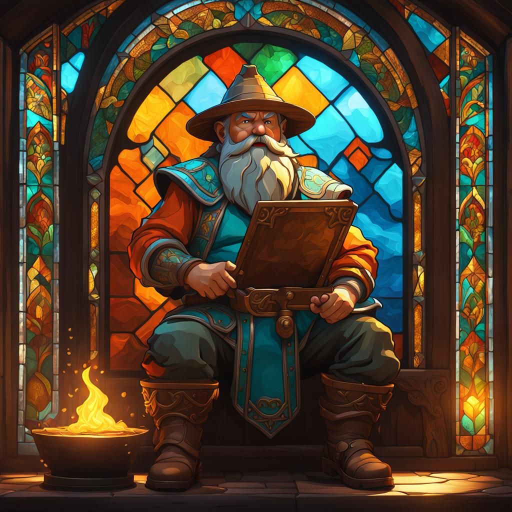 stained glass window of a dwarf in a straw hat working an an...