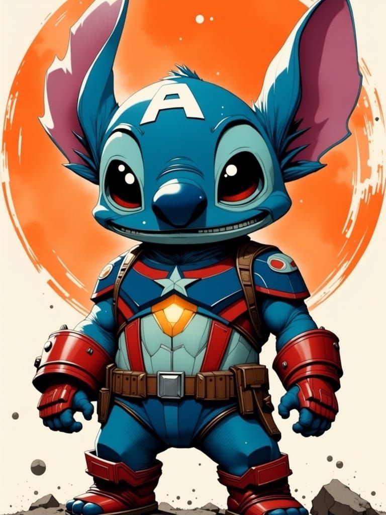 <lora:Beautiful Brutalism:1.0> Stitch dressed as captain america. retrofuturistic brutalism 