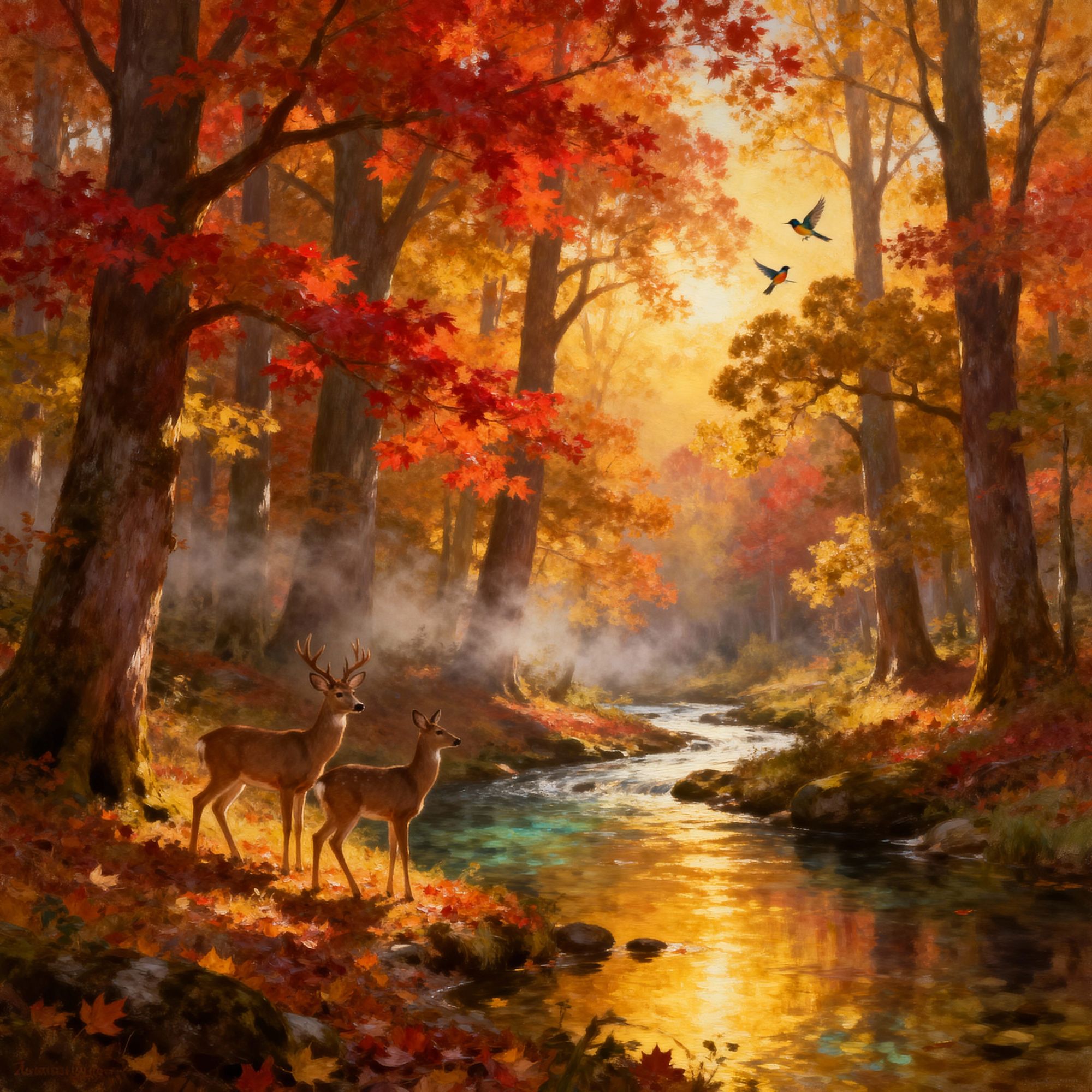 A magnificent oil painting of an autumn forest — sunlight filters through tall maple and oak trees, their leaves glowing in brilliant reds, ...