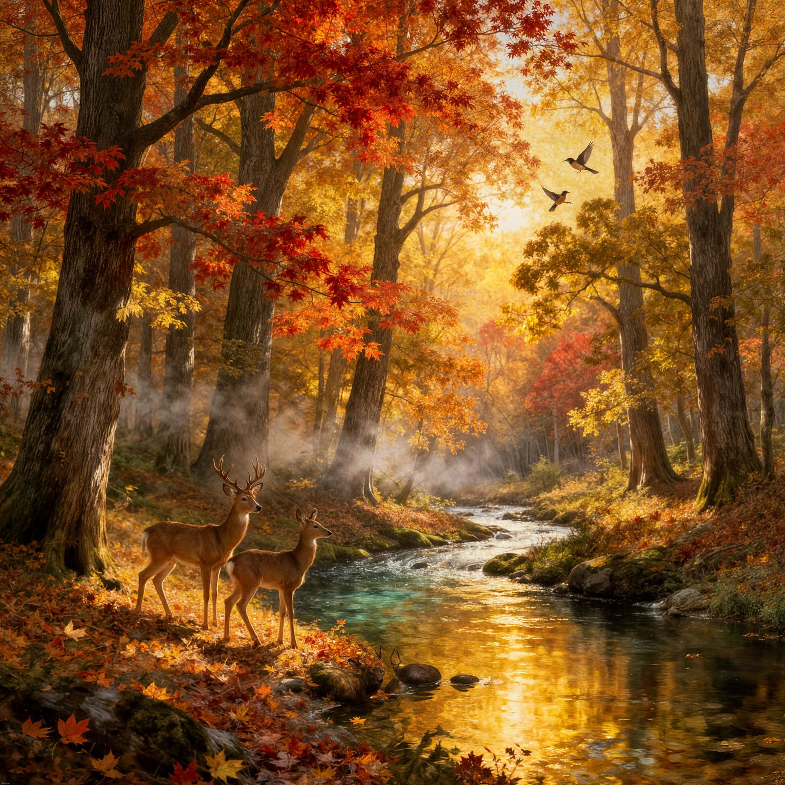 A magnificent oil painting of an autumn forest — sunlight filters through tall maple and oak trees, their ...  by @Horse-T