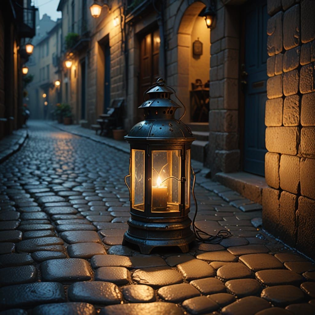 A winding cobblestone alley in an ancient mountain village at night, lined with hundreds of glowing paper ...  by @Rohan