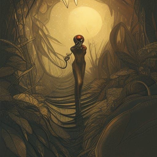 naturalist illustration, alien life, dark warm colors, 8k re...