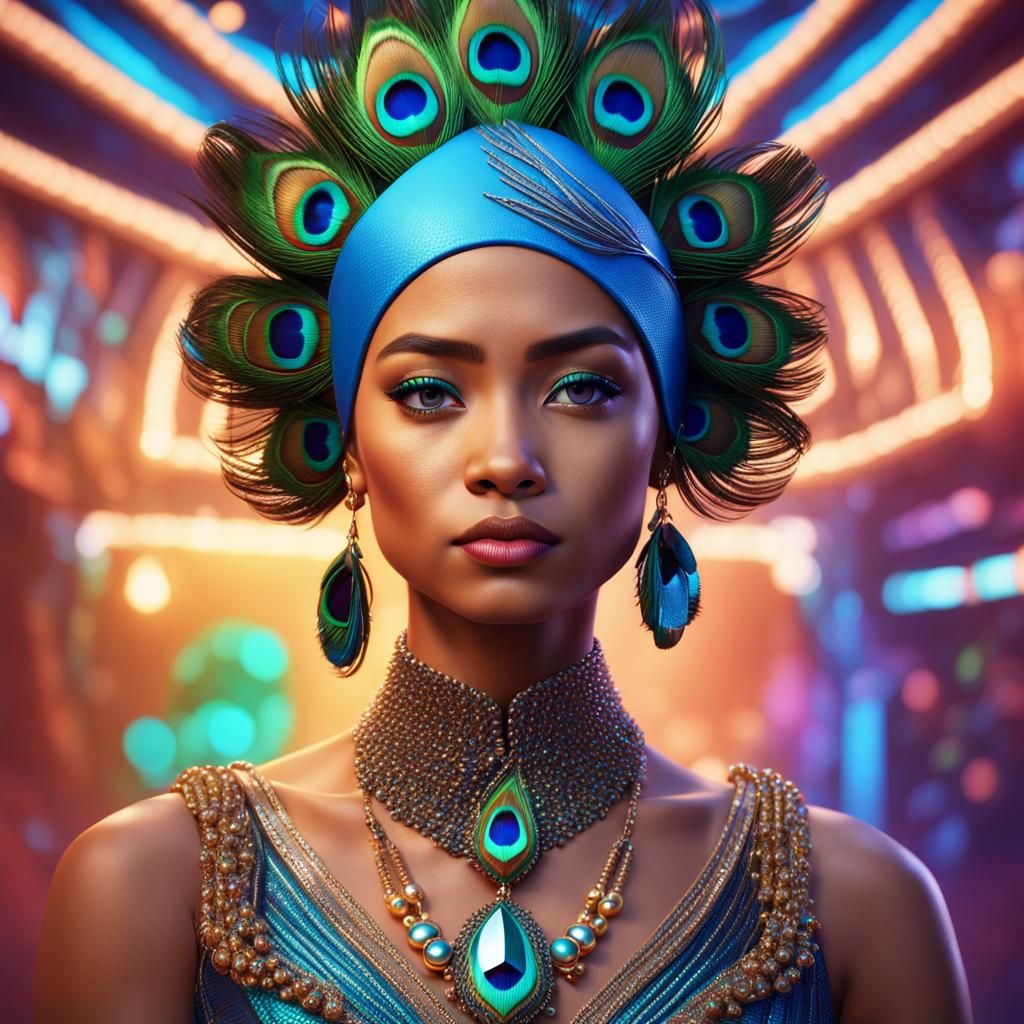 Hyperrealistic portrait of a young woman wearing peacock fea...