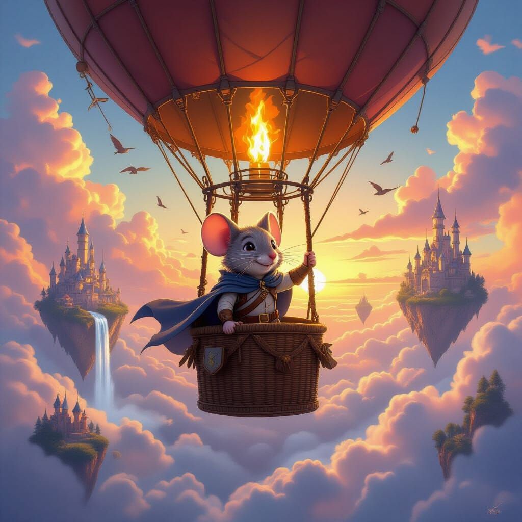 An anthropomorphic mouse adventurer named Finn stands proudly in the basket of a hot air balloon, his gray cloak and travel gear fluttering ...