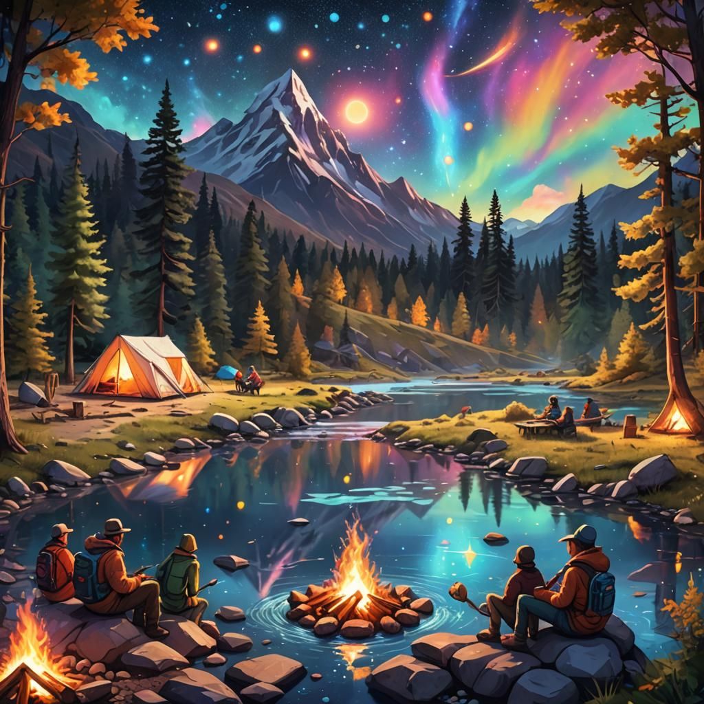 cozy campsites with tents, warm campfires, and beautiful scenery like forests, mountains, or starry night ...  by @Melissa Fischer