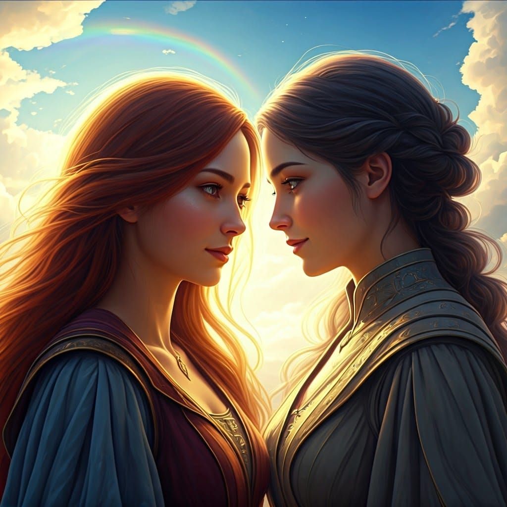 Two beautiful lady inlove smiling looking at each other. Under the bright blue sky with rainbow above them. 
A very Happy Day. A moment in t...
