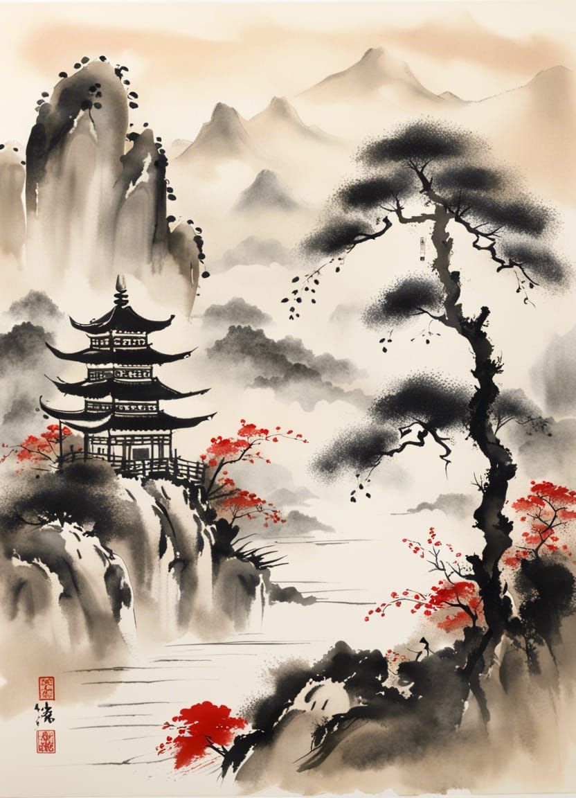 Chinese Pagoda in Minimalist Ink Painting Style