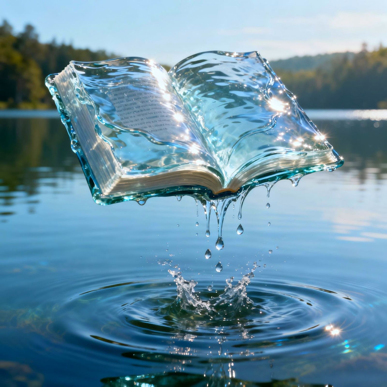 Water Book Floating Over Serene Lake in Photorealistic Style