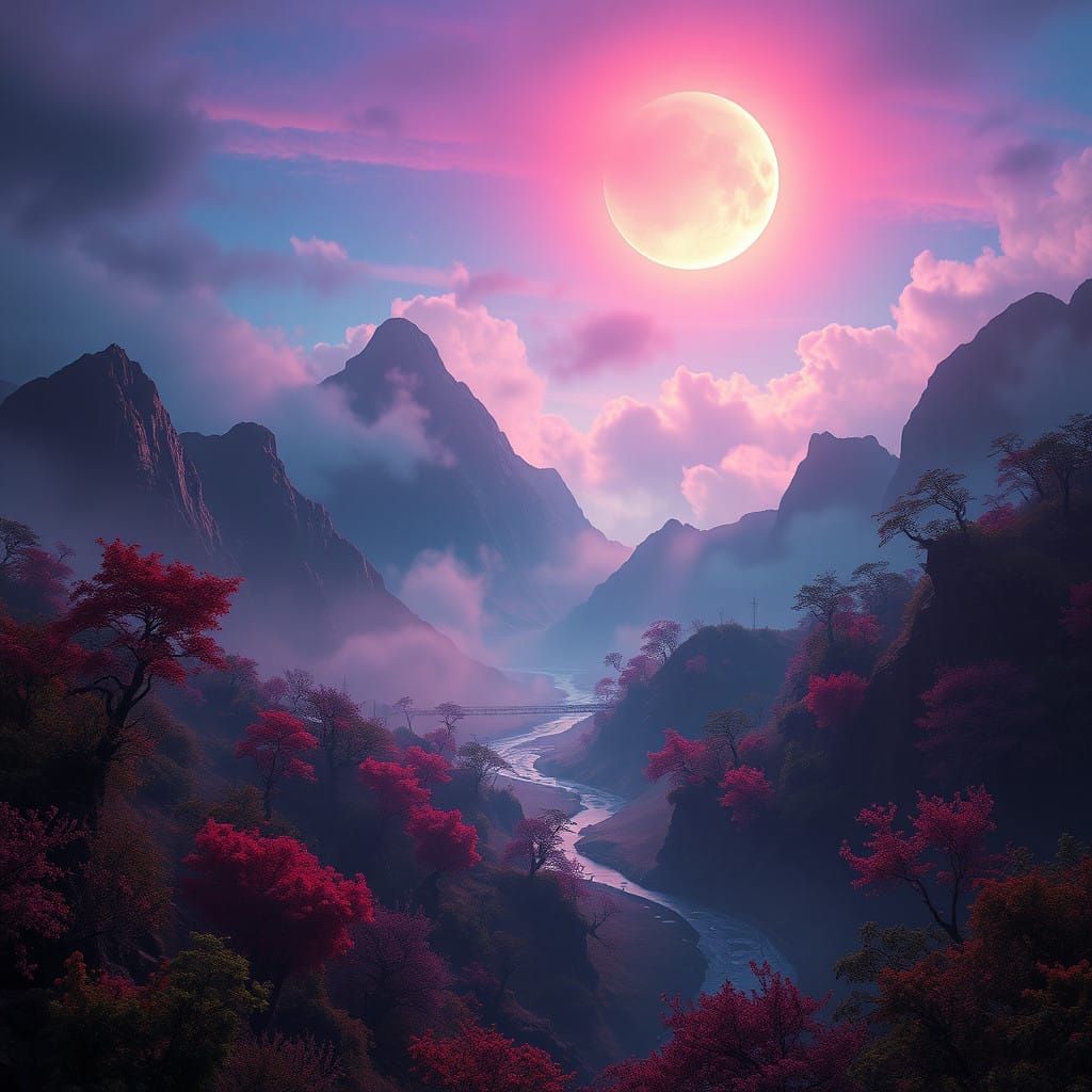 Ethereal Kitsuné Realm under Crescent Moonlight