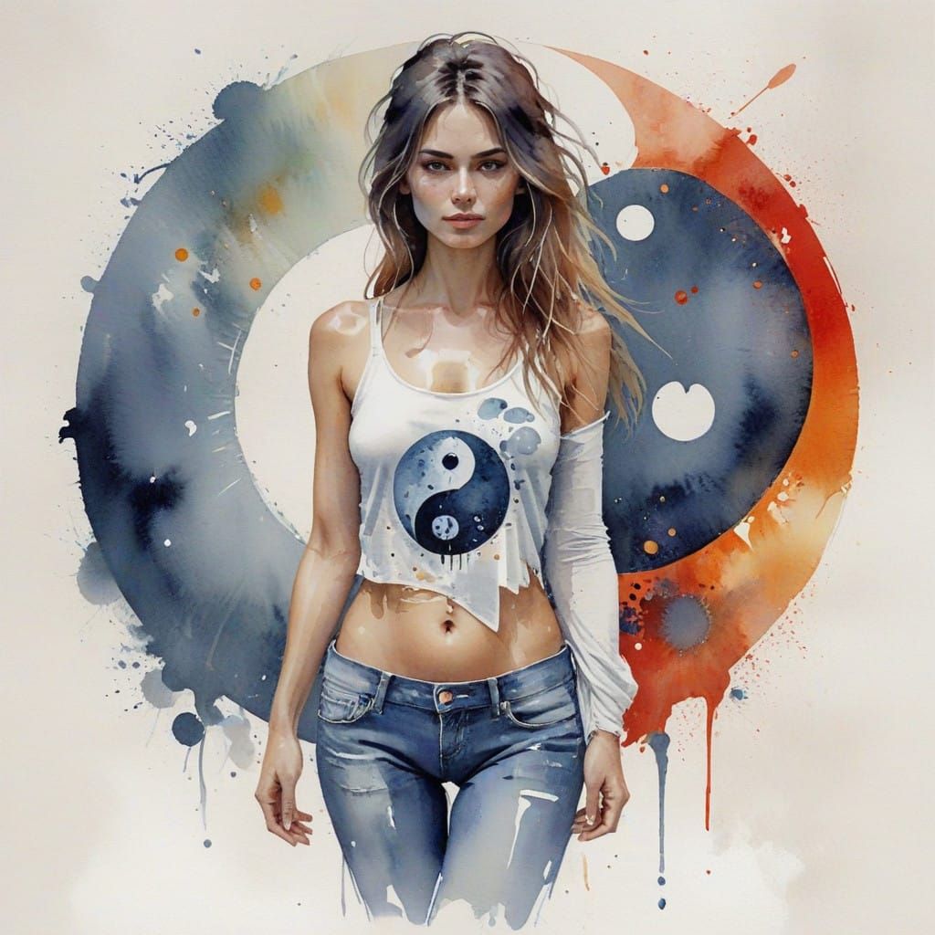 portrait, full body, Layered, Hippie, heart, Yin-Yang Watercolor, Christine Comyn