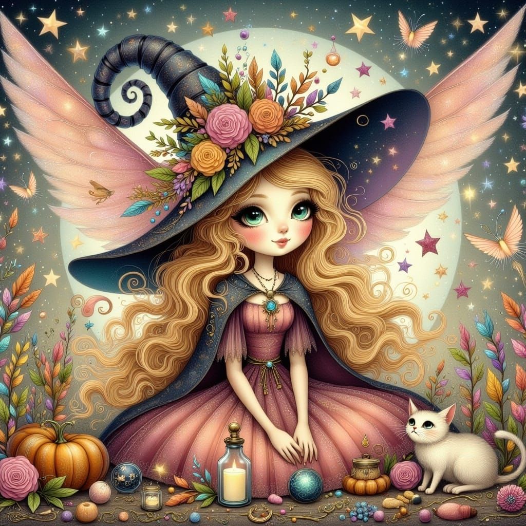  <lora:Whimsical Witches:1.0> whimsical witch blonde ponytail fairy wings a beautiful cat Amy Brown magical mystical enchanting 