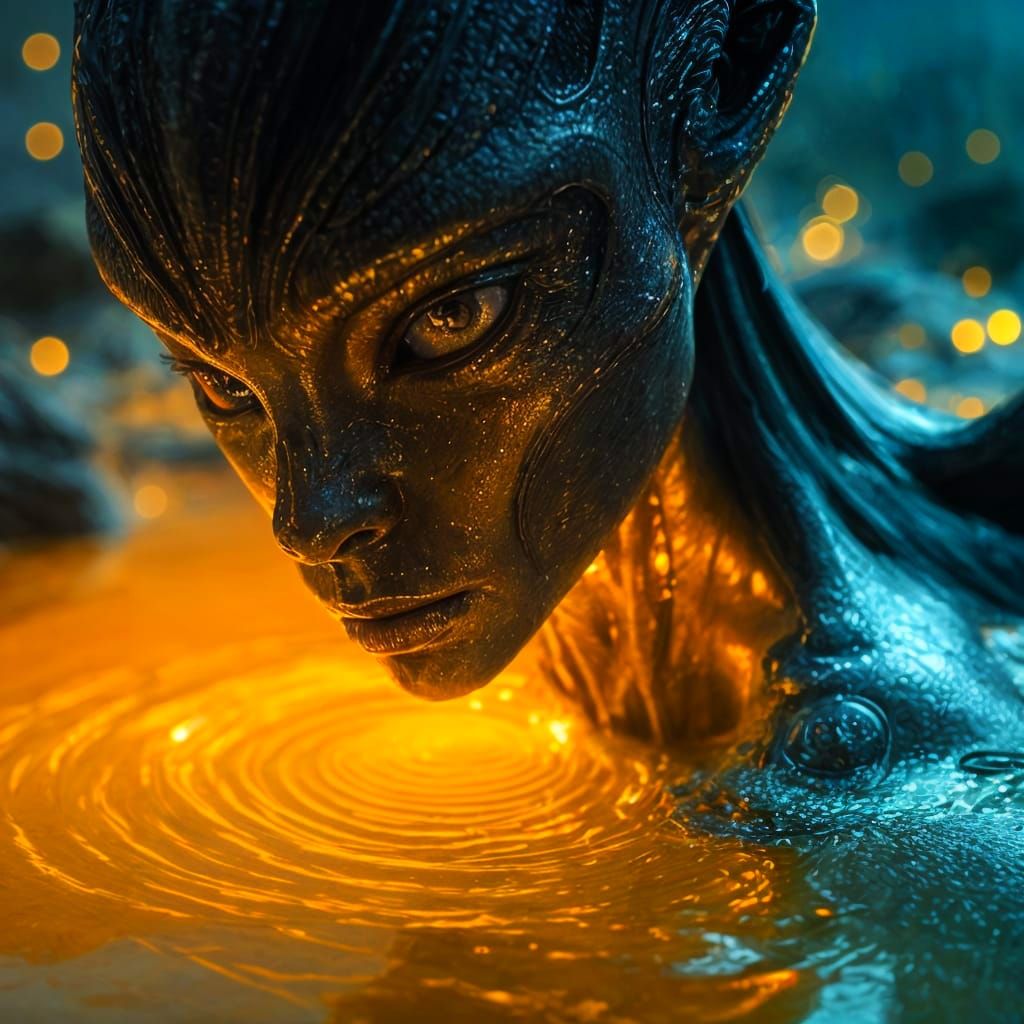 Ethereal Alien Goddess Emerging from Liquid Gold
