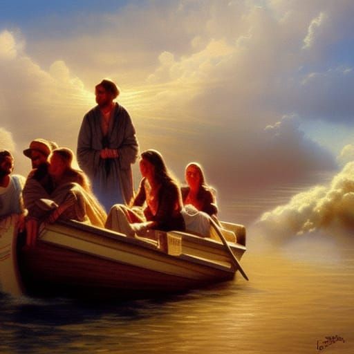 boat full of Christians riding up into the clouds of heaven ...