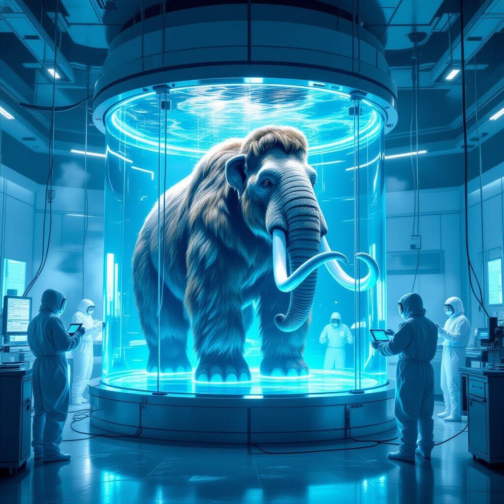 Highly detailed futuristic laboratory interior, scientists in white biohazard suits working around a massive glass tank, inside the tank flo...