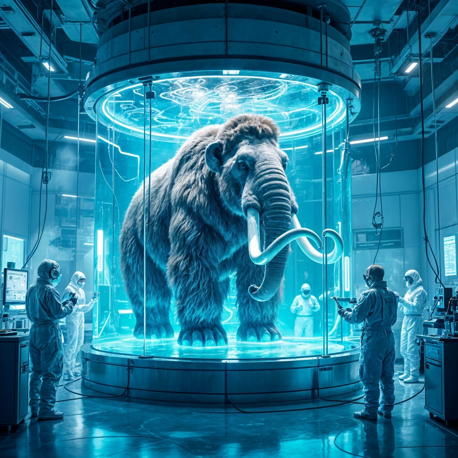 Highly detailed futuristic laboratory interior, scientists in white biohazard suits working around a ...  by @Zacharo