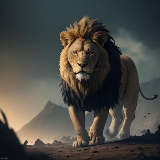 A fantasy card game illustration of an angry lion with glowi...