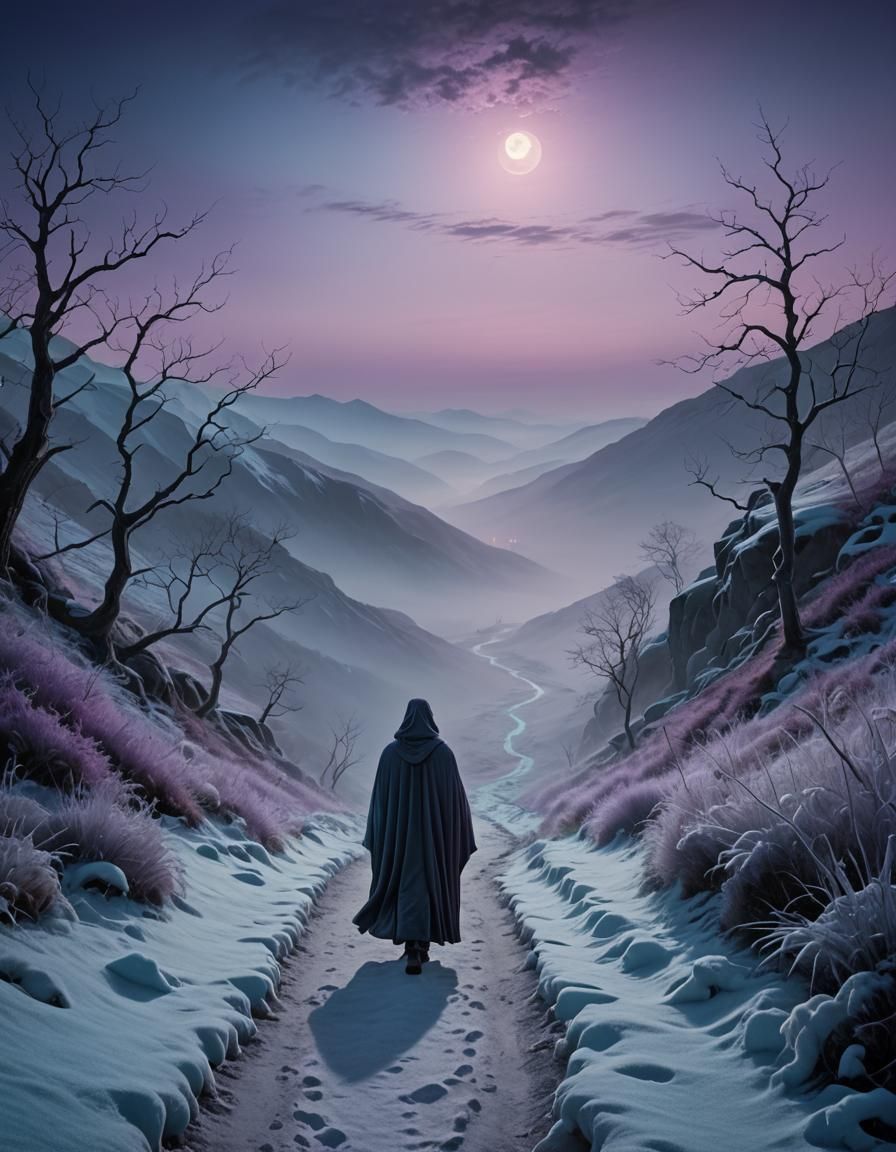 Ghost on Frozen Mountain Path in Surreal Style