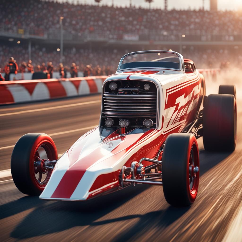 red and white dragster on a drag strip.