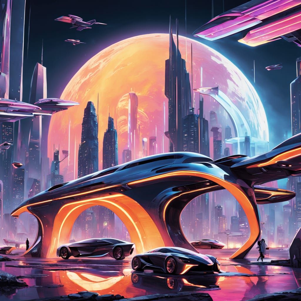 Sleek Futuristic Cityscape at Sunset in Neon Noir Style